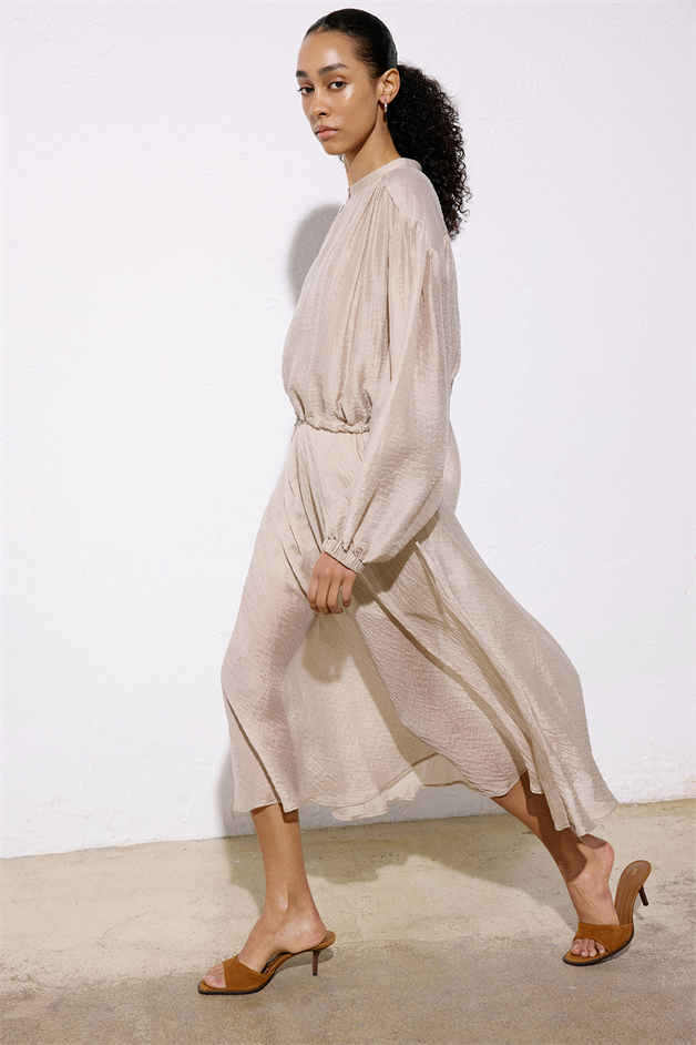 Flared High Waist Midi Beige Skirt