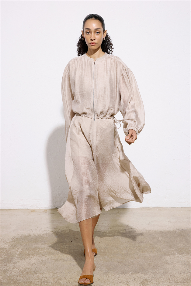 Flared High Waist Midi Beige Skirt