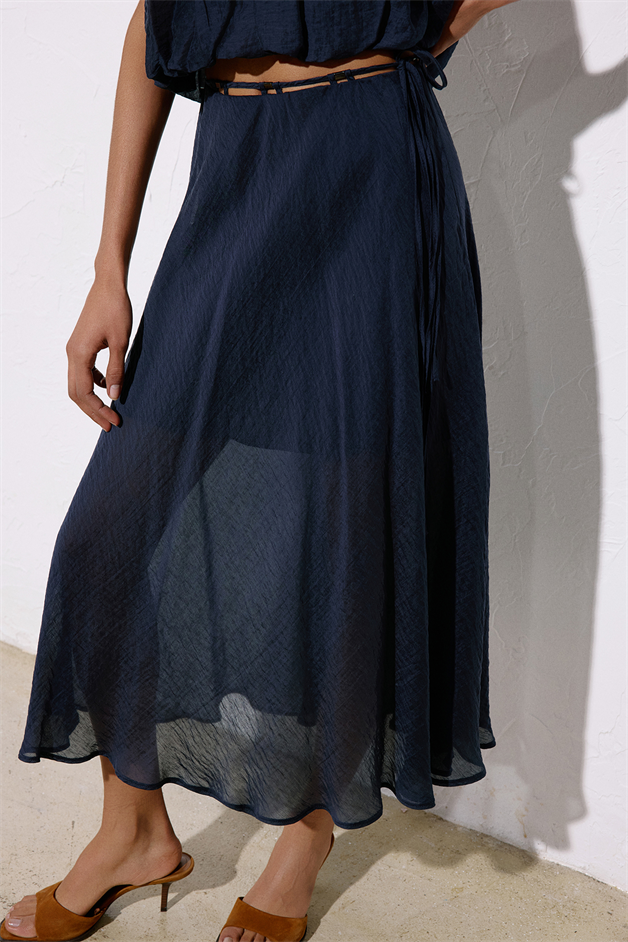 Flared High Waist Midi Navy Blue Skirt