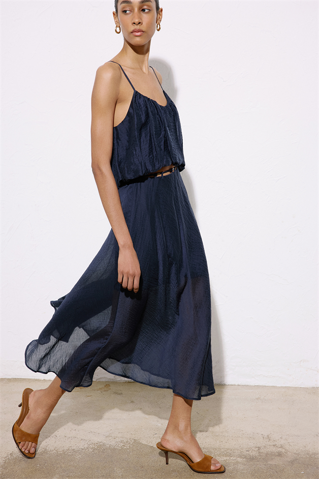 Flared High Waist Midi Navy Blue Skirt