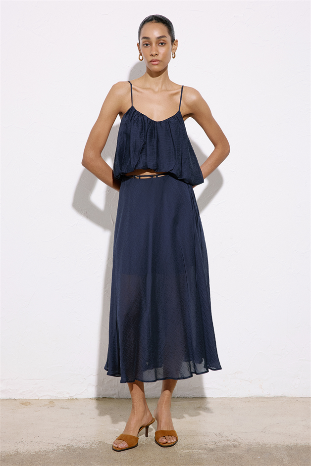 Flared High Waist Midi Navy Blue Skirt