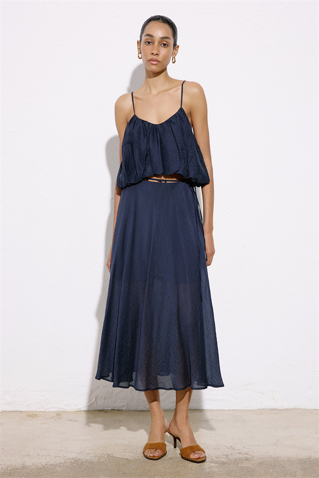 Flared High Waist Midi Navy Blue Skirt