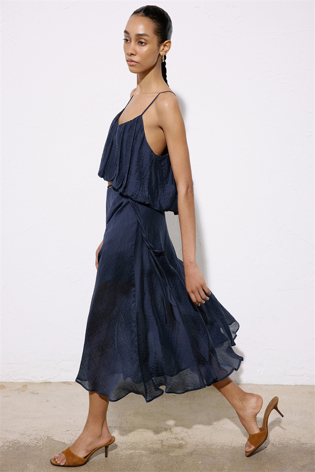 Flared High Waist Midi Navy Blue Skirt