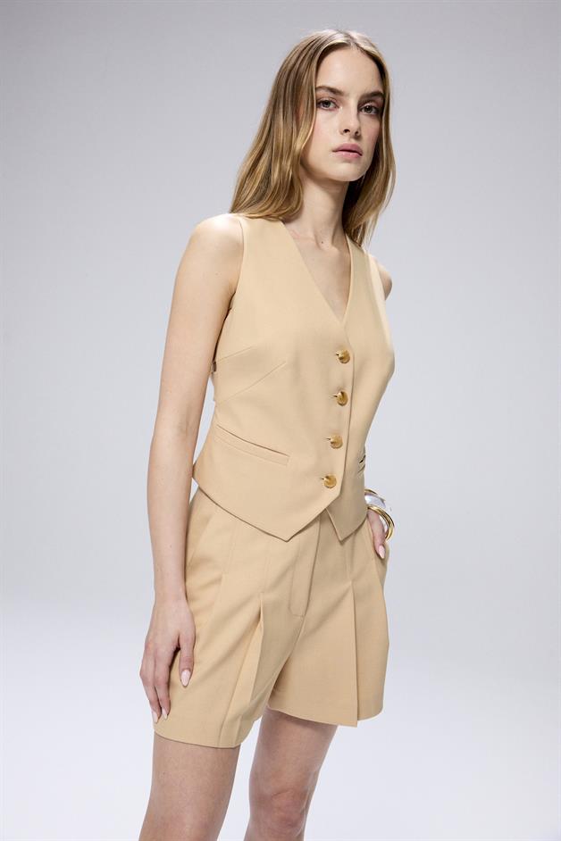 Sleeveless Front Button Beige Vest