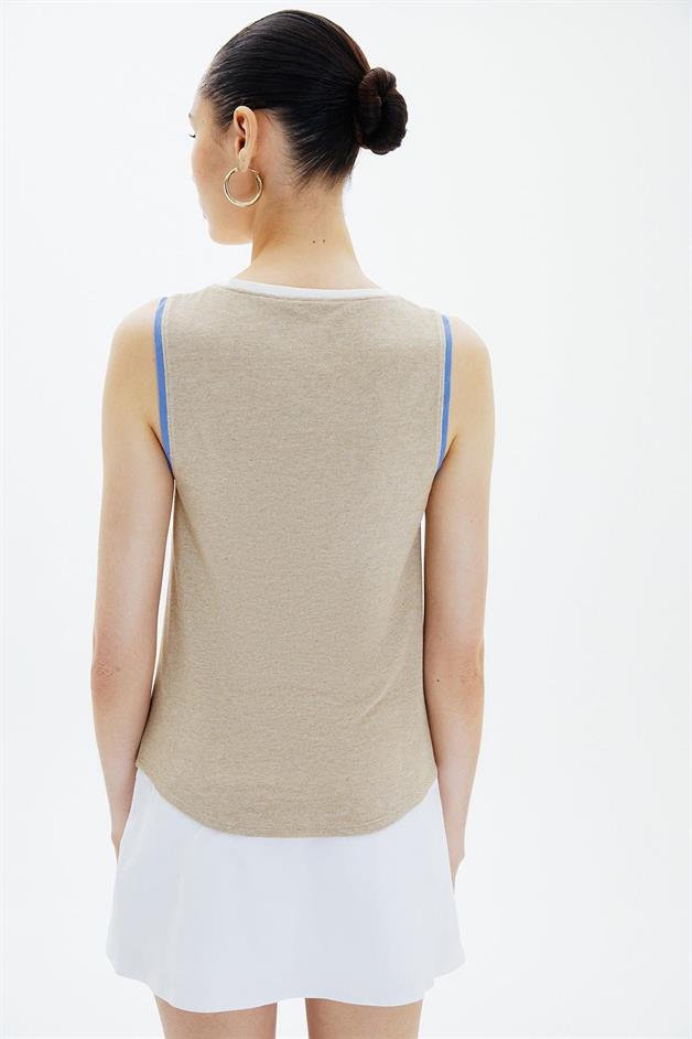 Kontrast Biyeli Bej Basic Bluz