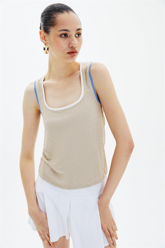 Kontrast Biyeli Bej Basic Bluz