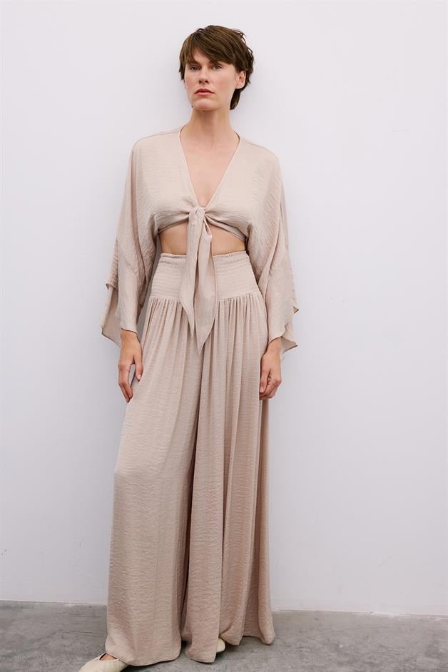 Corset Detail Wide-Leg Beige Trousers