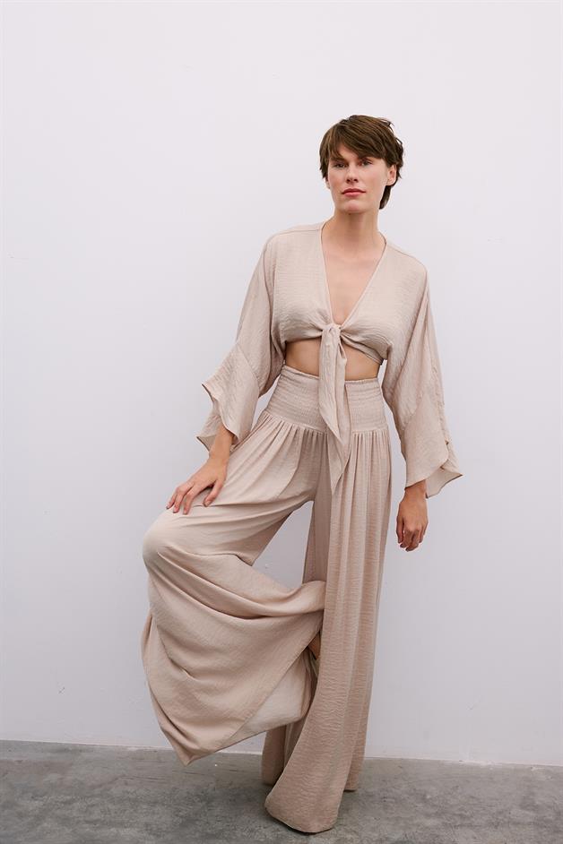 Corset Detail Wide-Leg Beige Trousers