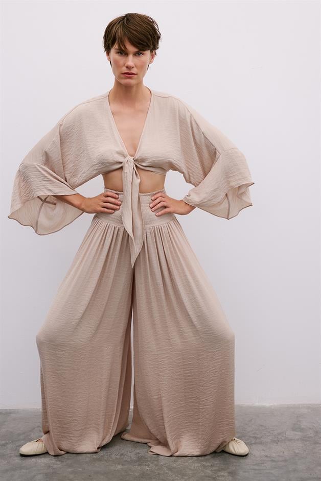 Corset Detail Wide-Leg Beige Trousers