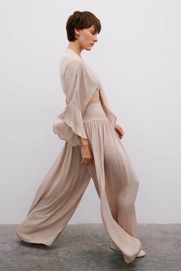Corset Detail Wide-Leg Beige Trousers