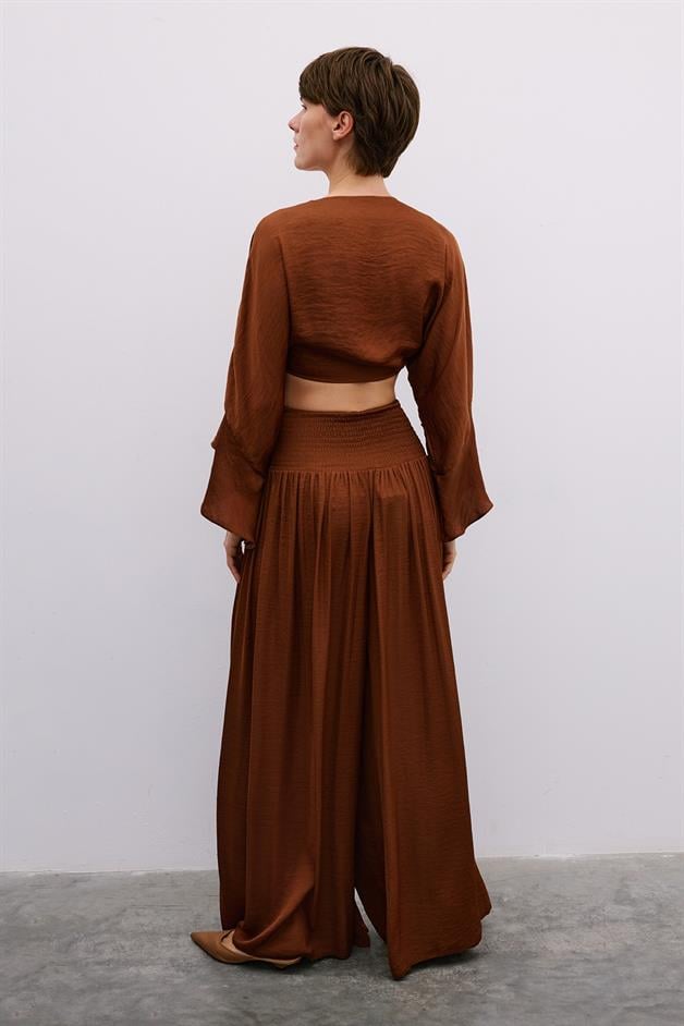 Corset Detail Wide-Leg Brown Trousers