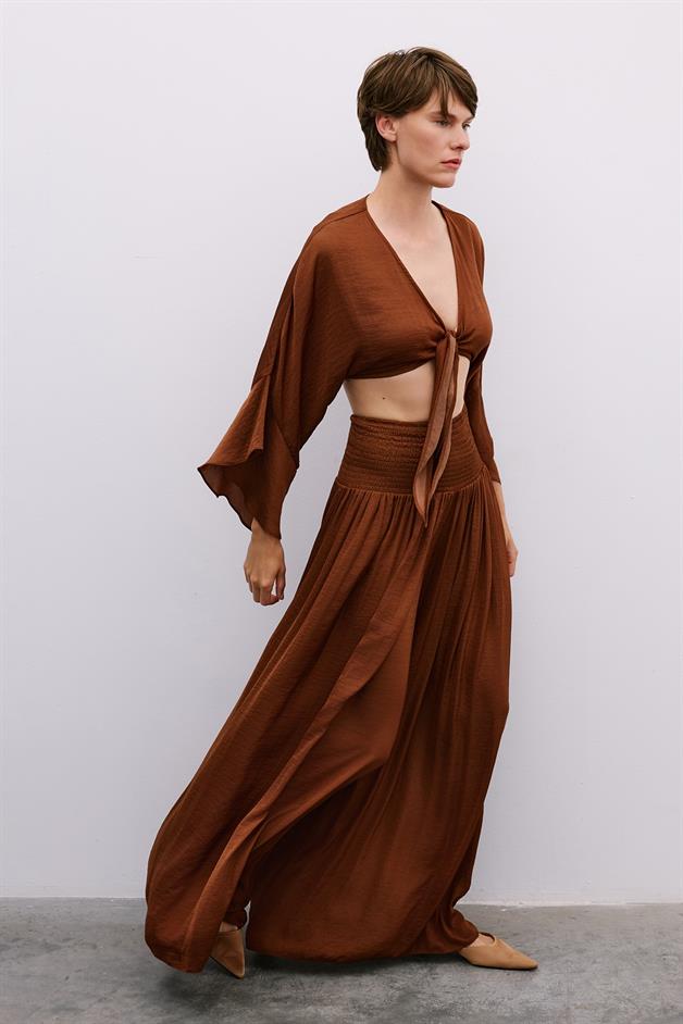 Corset Detail Wide-Leg Brown Trousers