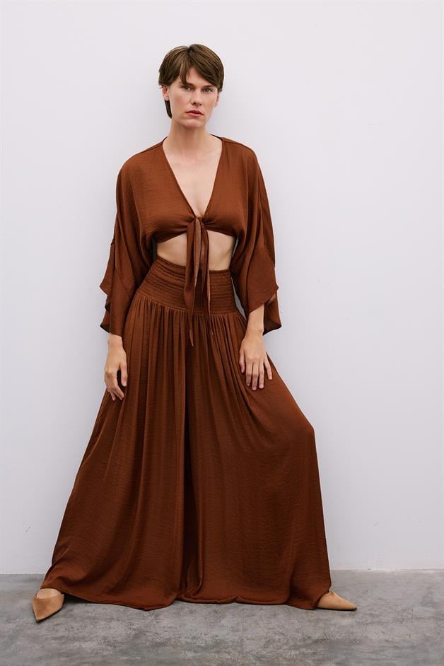 Corset Detail Wide-Leg Brown Trousers