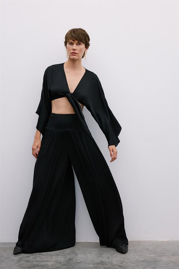 Corset Detail Wide-Leg Black Trousers