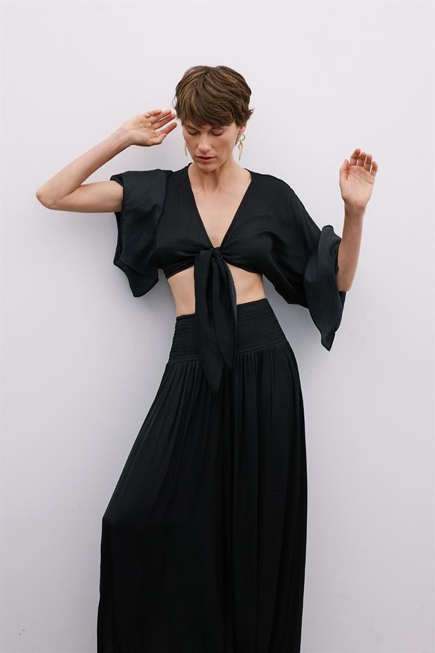 Corset Detail Wide-Leg Black Trousers