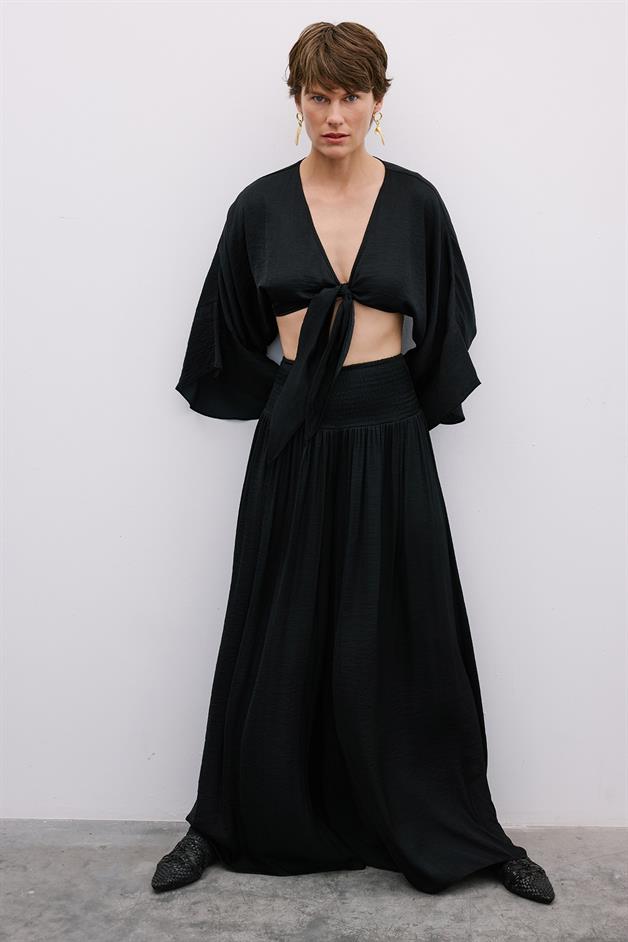 Corset Detail Wide-Leg Black Trousers