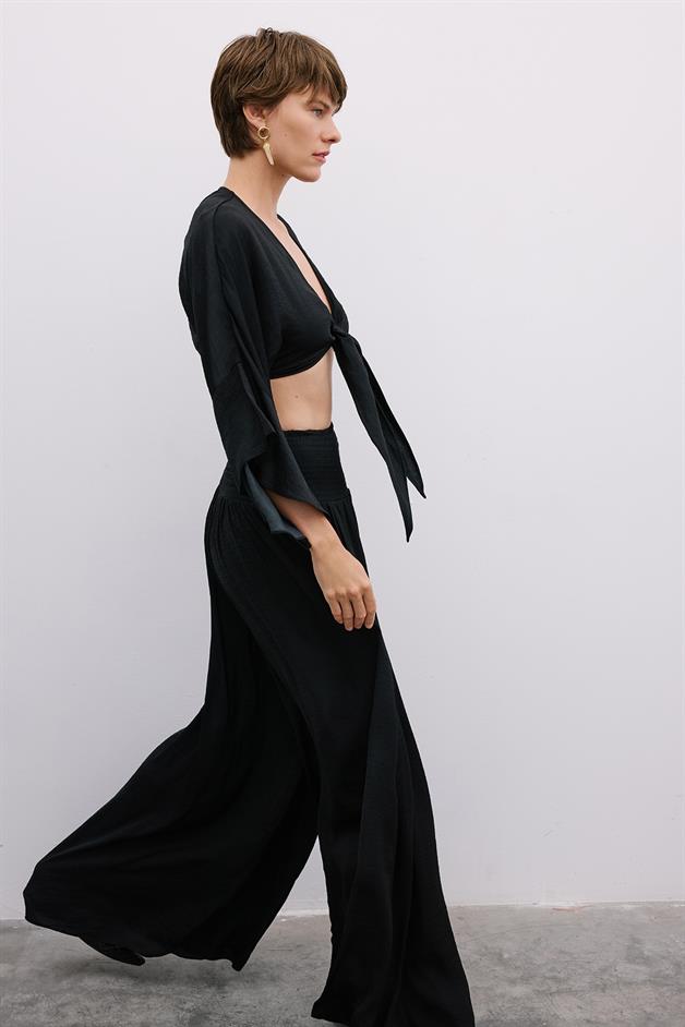 Corset Detail Wide-Leg Black Trousers