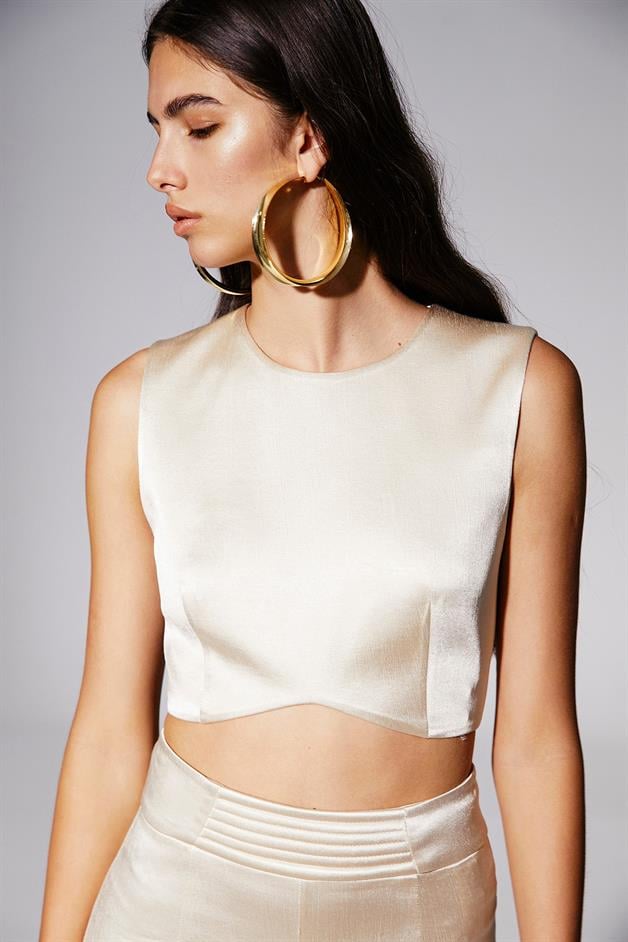 Krem Saten Crop Büstiyer