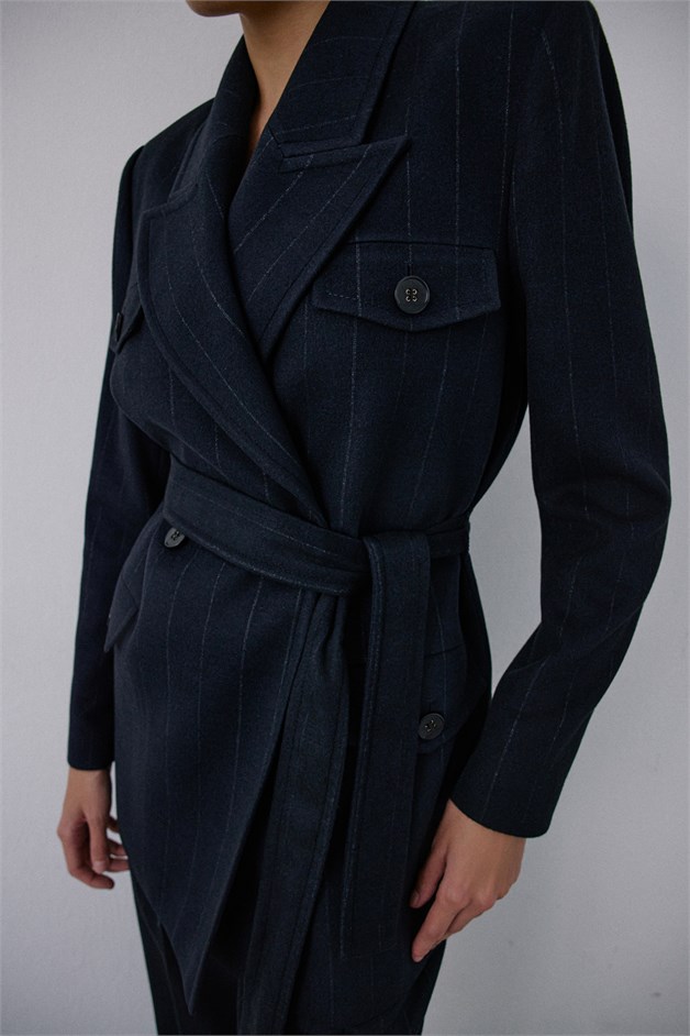 Wrap Lined Striped Navy Blazer
