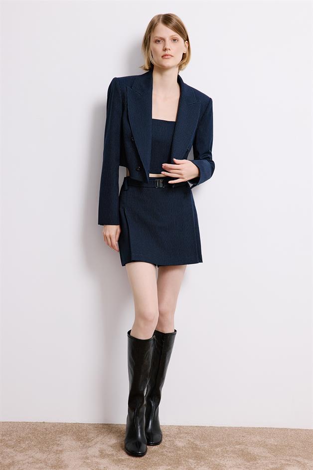Navy Striped Wrap Crop Blazer