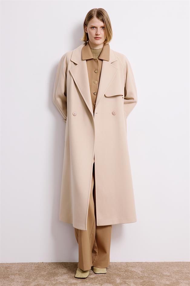 Beige Double-Breasted Long Sleeve Coat