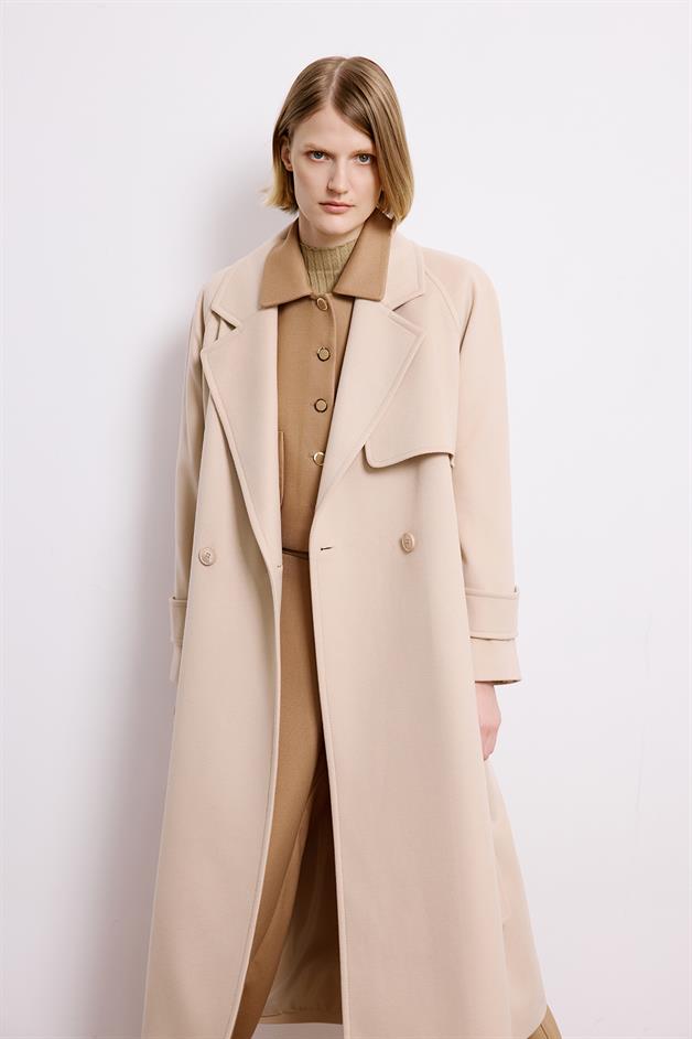 Beige Double-Breasted Long Sleeve Coat