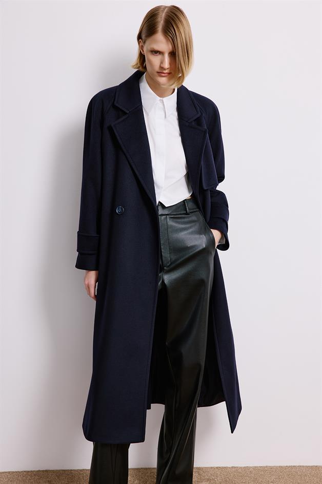 Navy Double-Breasted Long Sleeve Coat