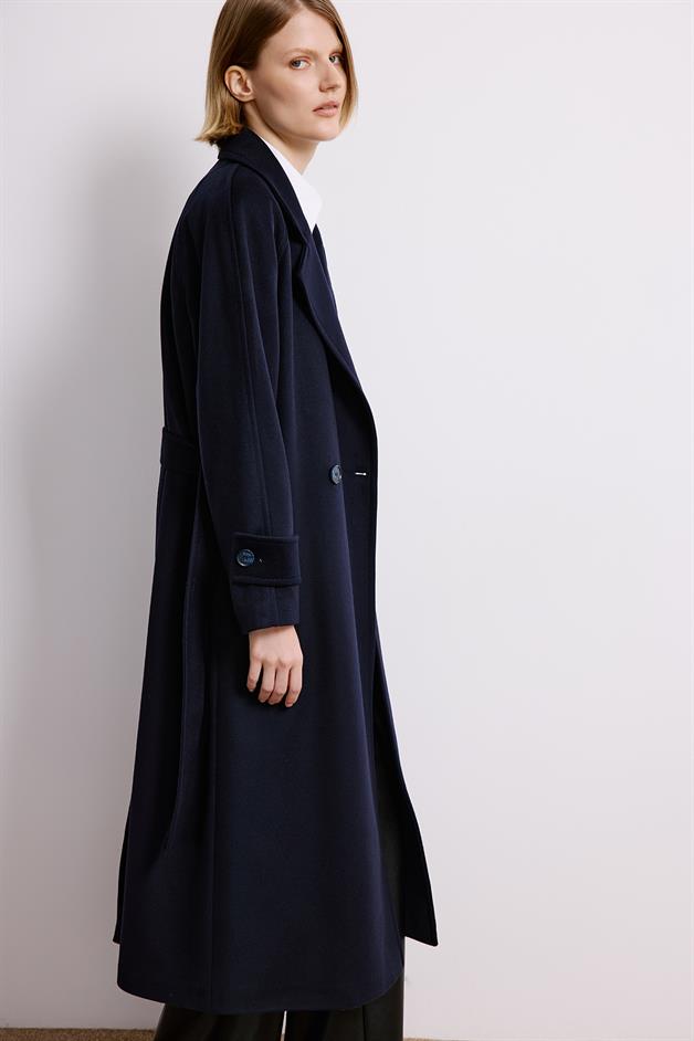 Navy Double-Breasted Long Sleeve Coat