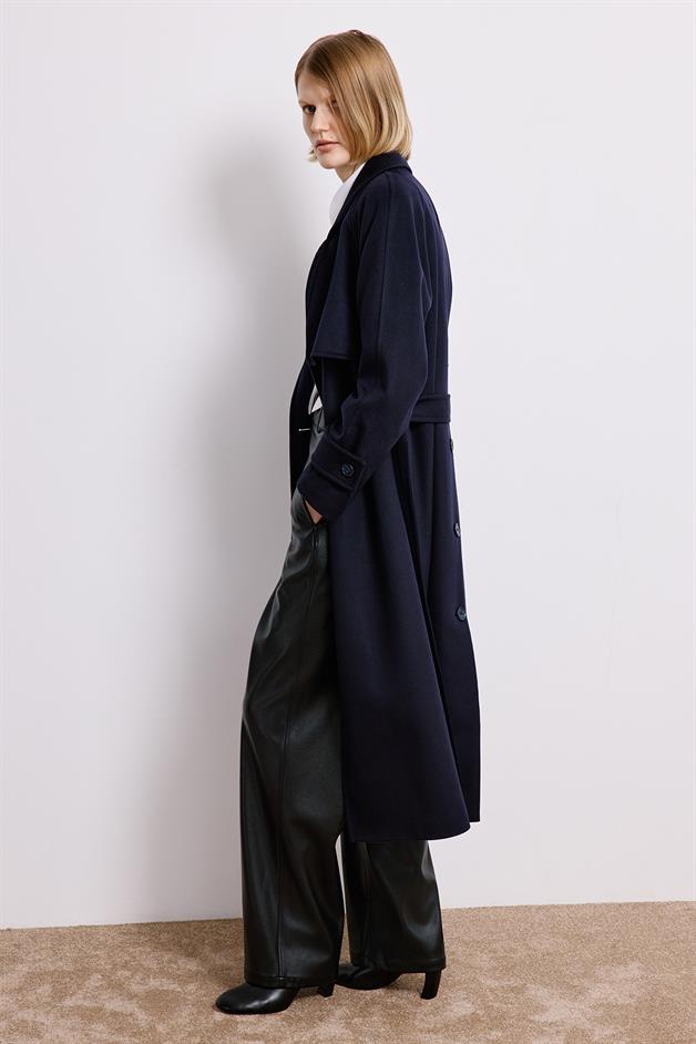 Navy Double-Breasted Long Sleeve Coat