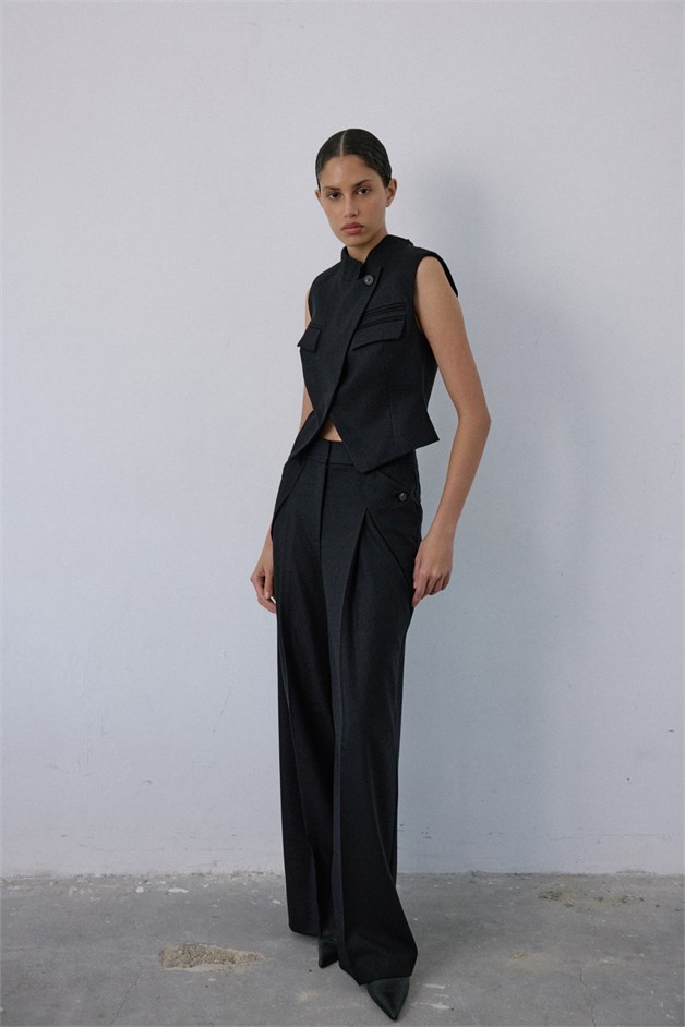 Double Breasted Look Lined Black Vest