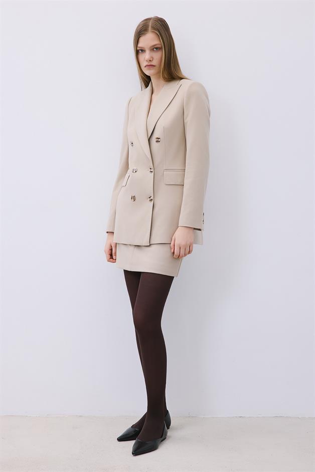 Beige Wool-Blend Double-Breasted Jacket