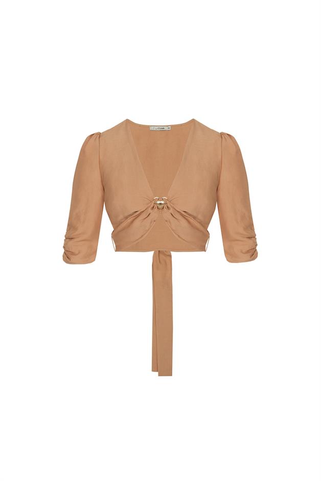 Sash Detailed V-Neck Camel Blouse
