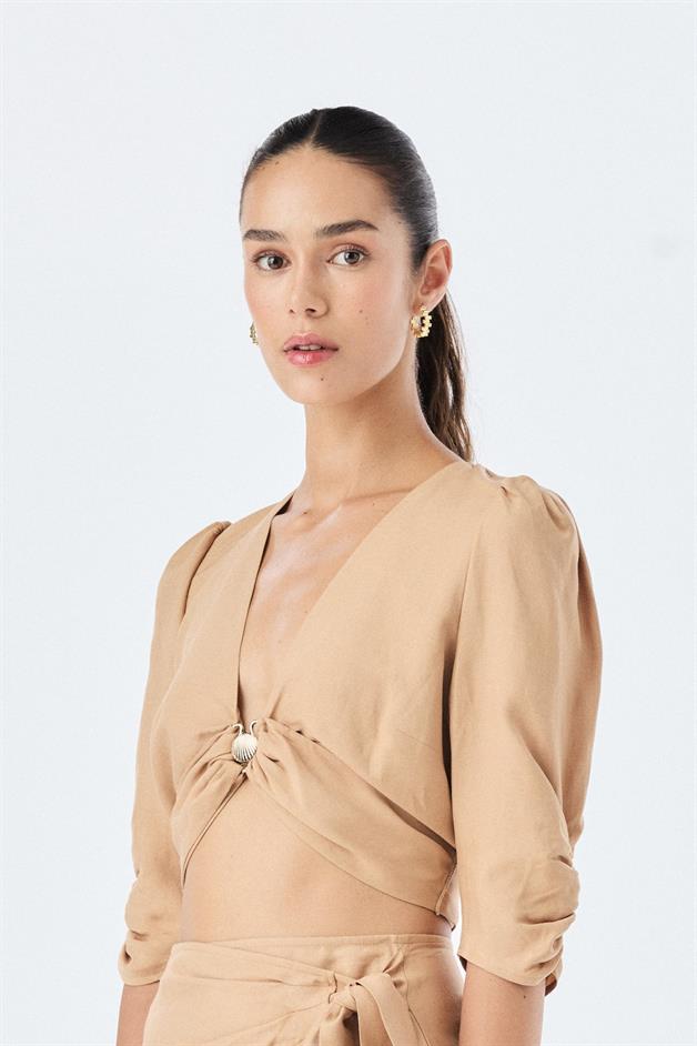 Sash Detailed V-Neck Camel Blouse