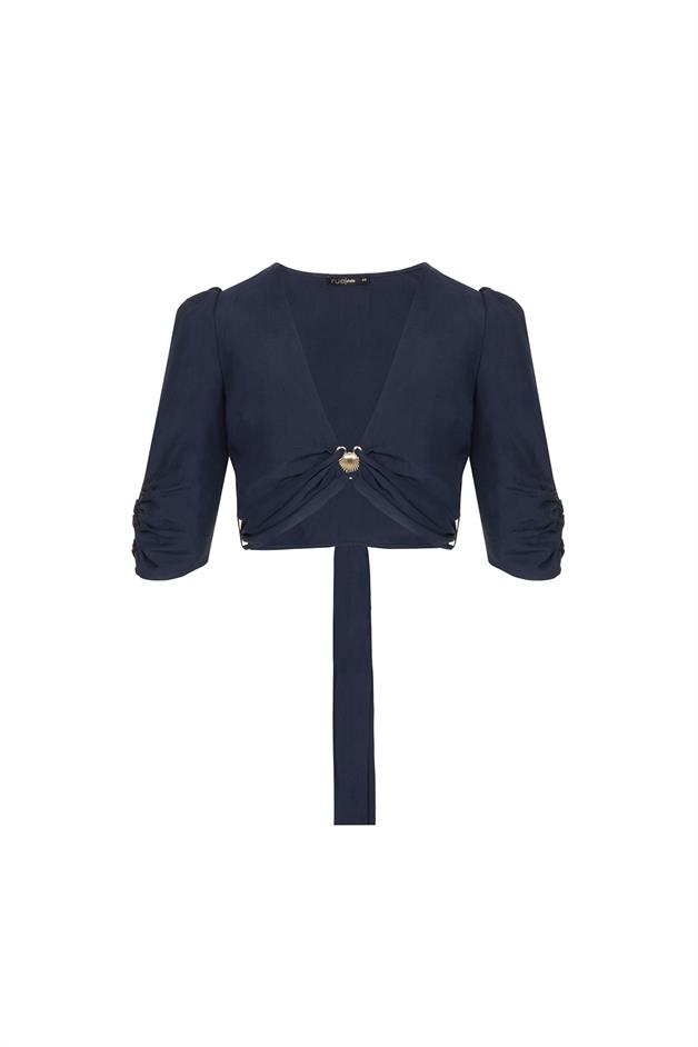 Sash Detailed V-Neck Navy Blouse