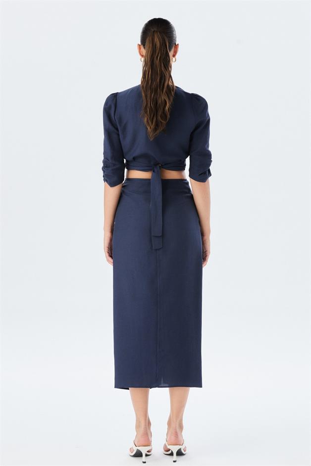 Sash Detailed V-Neck Navy Blouse