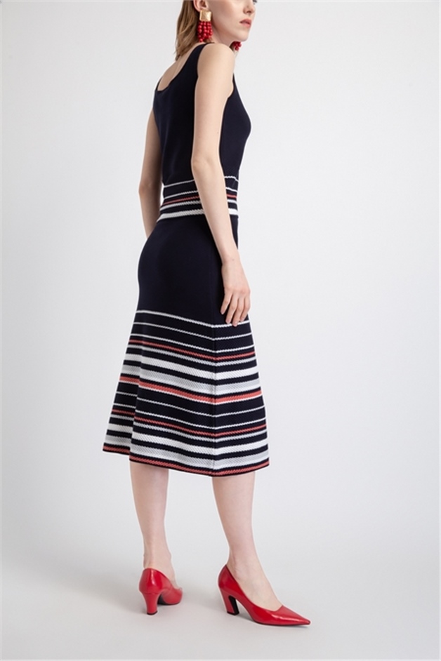Yüksek Bel Çizgili Lacivert Triko Etek