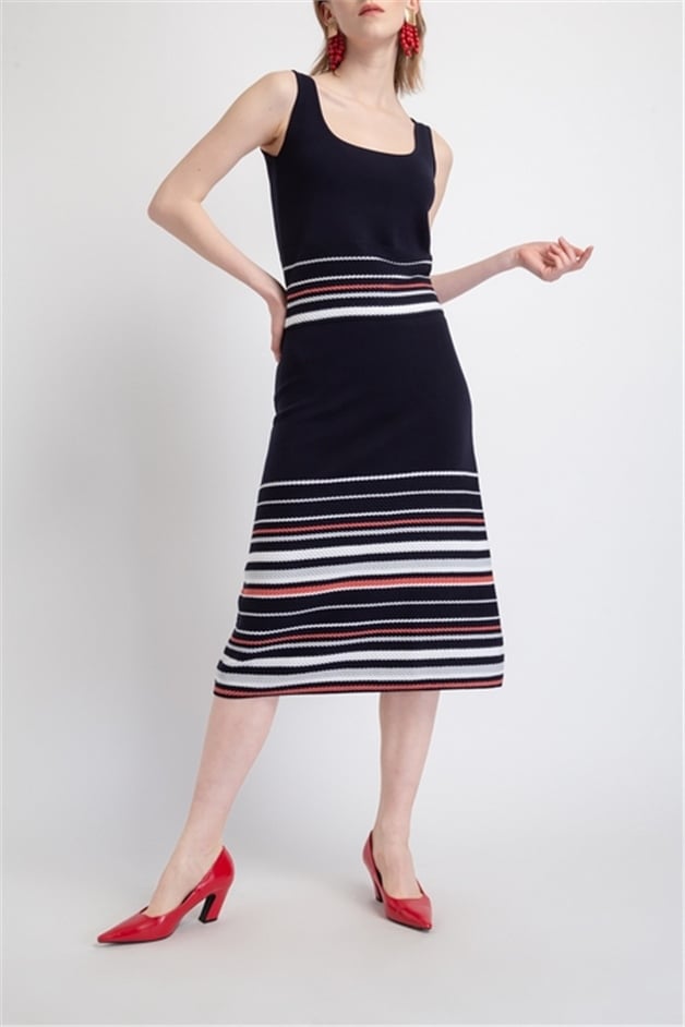 Yüksek Bel Çizgili Lacivert Triko Etek