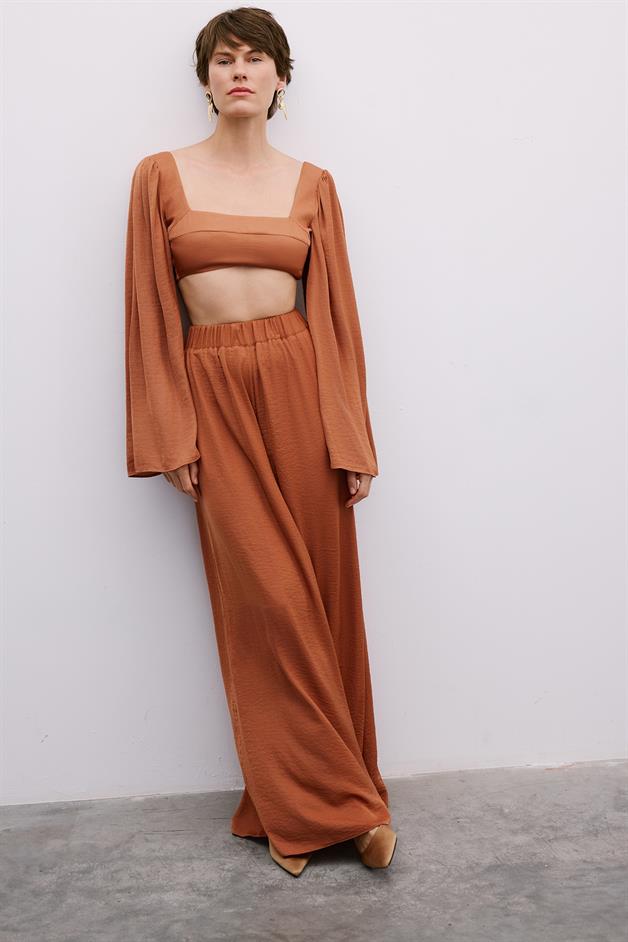 Elastic Waist Relaxed Wide-Leg Salmon Trousers