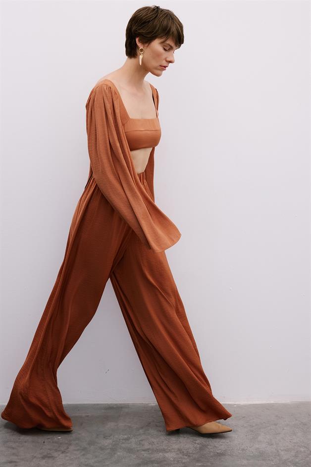 Elastic Waist Relaxed Wide-Leg Salmon Trousers
