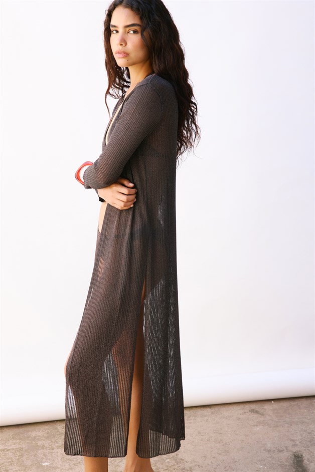 Lurex Rib Knit Midi Brown Cardigan