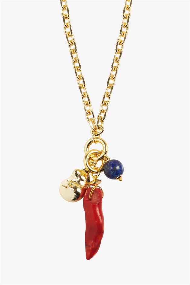 Coral Lapis Stone Detailed Gold Necklace