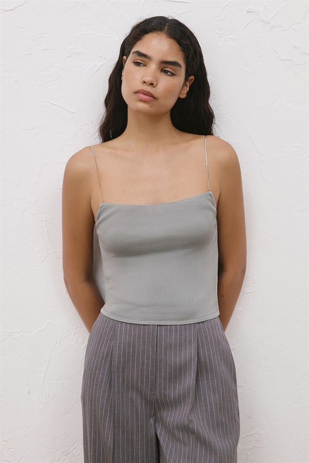 Metal Strap Backless Grey Knit Blouse