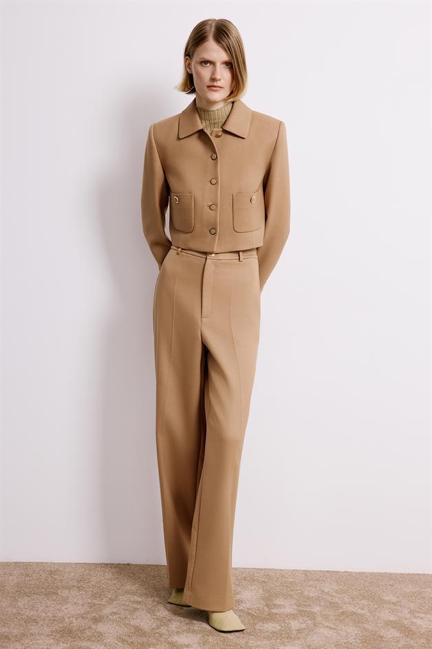 Camel Trousers With Metal Button Detail