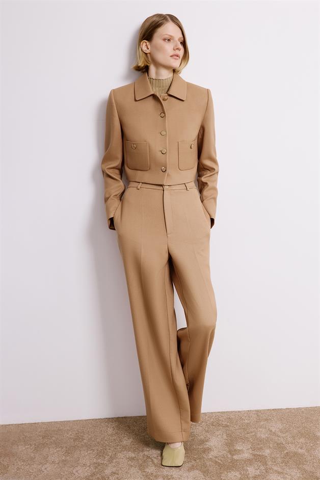 Camel Trousers With Metal Button Detail
