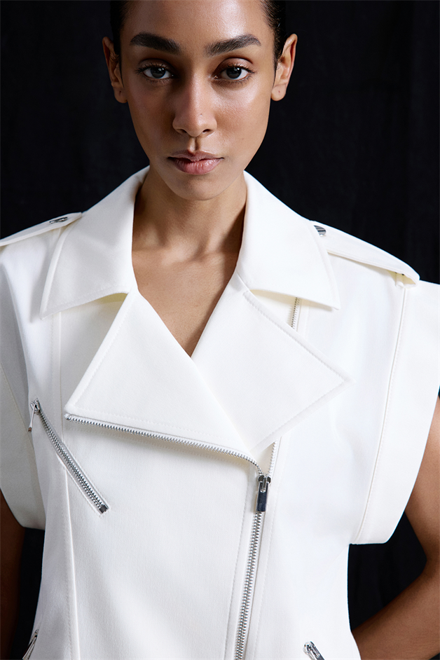 Metal Button Detailed Denim Textured Ecru Biker Vest