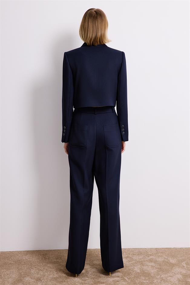 Navy Trousers With Metal Button Detail
