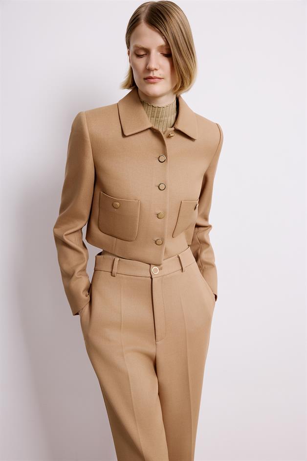 Camel Crop Blazer With Metal Buttons