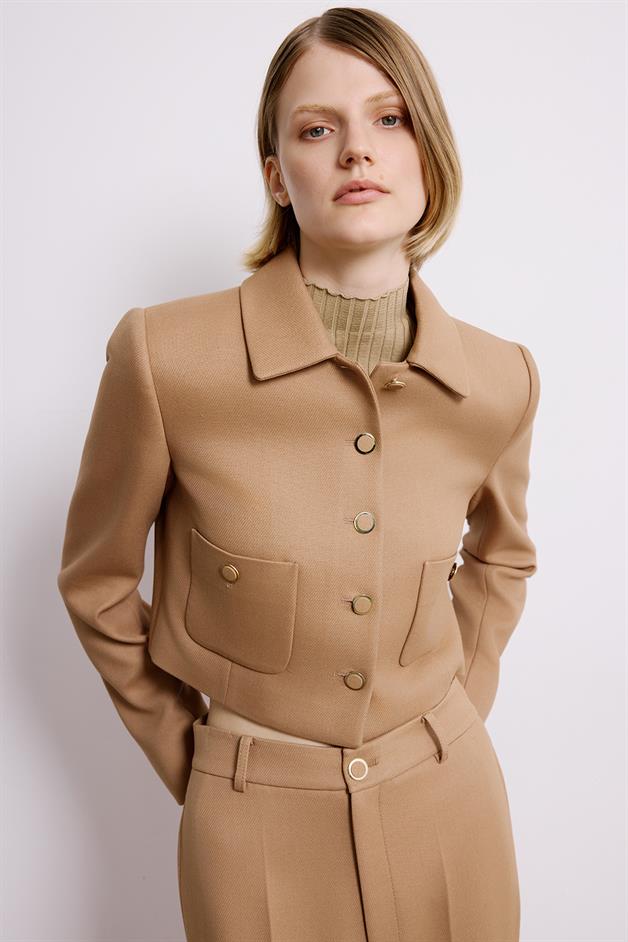 Camel Crop Blazer With Metal Buttons
