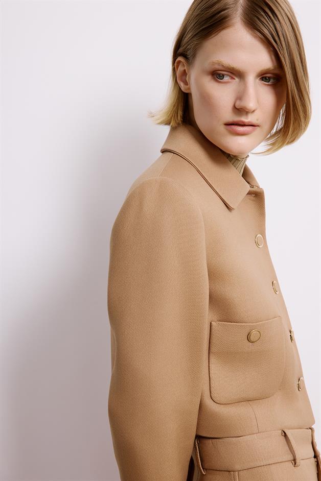 Camel Crop Blazer With Metal Buttons