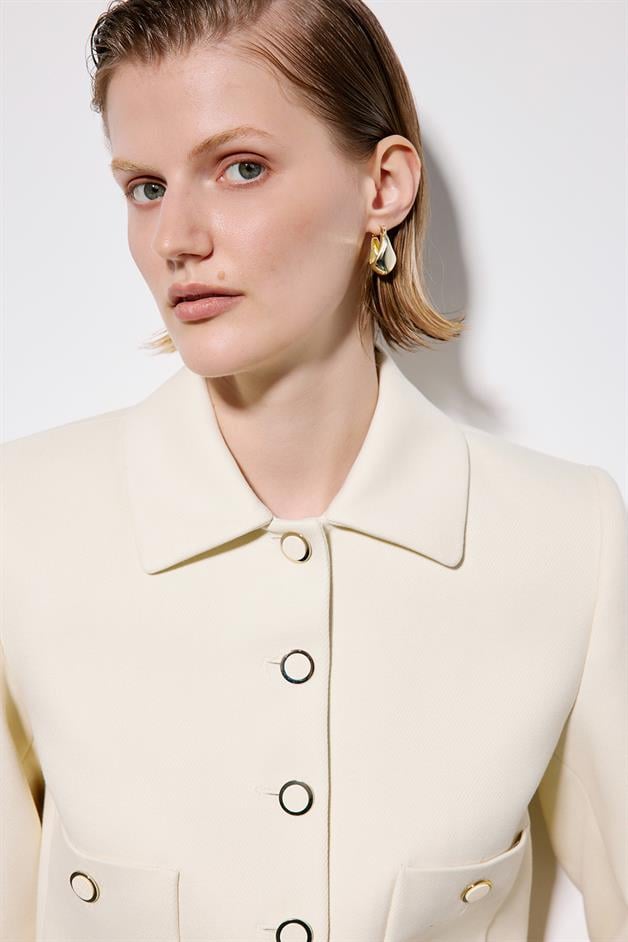 Ecru Crop Blazer With Metal Buttons